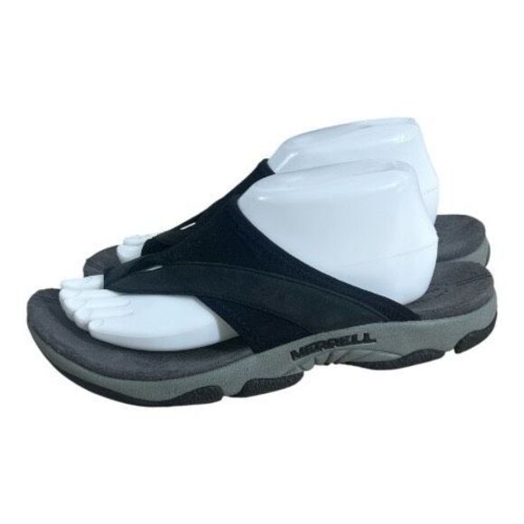 Merrell BELLUNA Women Black Sandals Size 10 Slip-On Leather Flip Flops Open Toe - Picture 1 of 14